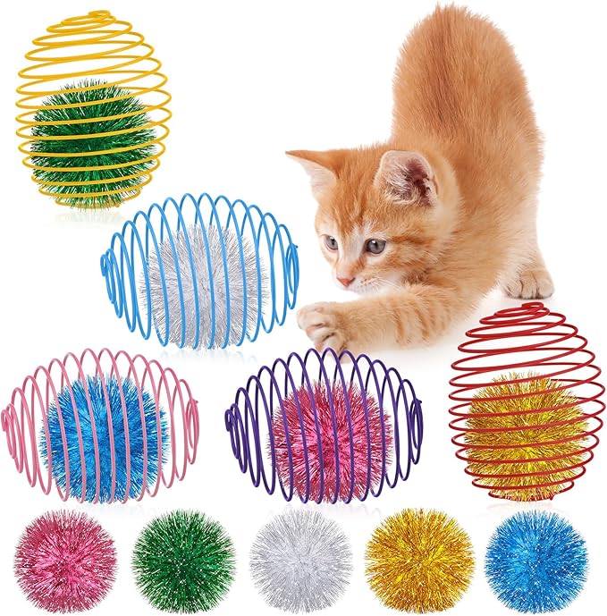 Jecery 5 Pcs Cat Spring Toys Stretchable Rolling Balls Colorful Playful Coils Interactive Action Toy Caged Rats for Kitten Pet Supplies (Glitter Balls,Multicolor)