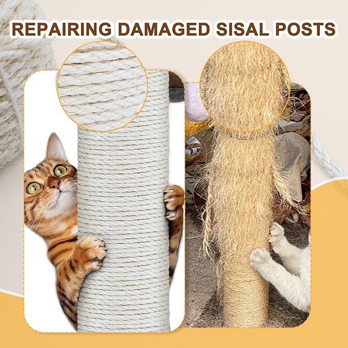 Sisal Rope for Cat Scratcher, Cymuber 6mm Cat Sisal Rope for Replace Scratching Post and Scratcher Repair, DIY Hemp Twine for Tree Tower Carpet Mat Kicker House Pet Toy and Crafts(164-Feet/50M)