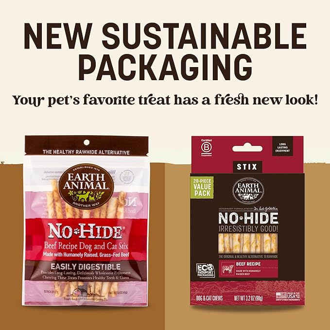 Earth Animal No Hide Stix - Long Lasting Rawhide Free Small Dog Chews Sticks, Beef - 20 Count Value Pack