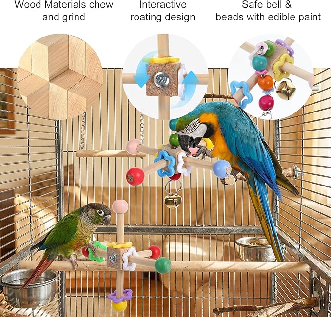 2 Pcs Bird Spinner Toys for Parrots with Bells, Parrot Chewing Hanging Toys for Small and Medium Birds, Parakeet, Cockatiel, Conure, Lovebird, Budgie, Cage Toy