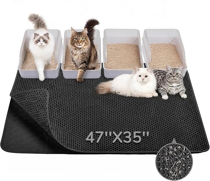 BurgeonNest Cat Litter Mat 47" x 35" Upgraded Felt & Fabric Material Cat Trapping Mat for Fewer Creases, Extra Large Hold 3-4 Litter Boxes Urine-Proof Non-Slip, Machine Washable, Soft on Paws, Black