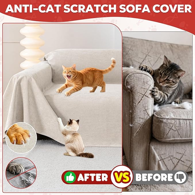 Cat Scratch Furniture Protector - Anti-Slip, Waterproof Sofa Cover to Keep Cats Off, Pet-Friendly Couch Protectors for 3 Cushion Couch, Khaki Anti-Scratch Couch Cover for Pets and Kids 118"X71"