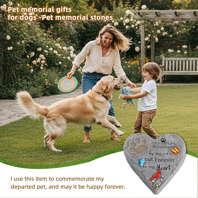 Pet Memorial Stone for Cats Dog Remembrance Gift with Paw Print, Cardinal & Butterfly, Pet Grave Markers Heart-Shaped Resin Dog Loss Sympathy Gift 6 inch