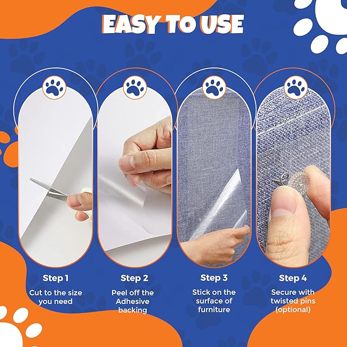 NAVZA® Cat Scratch Furniture Protector, 12 Pcs Couch Protector from Cat Claws Single Side Sticky Sheets, Easy Apply, Anti Scratch Furniture Protector for Sofa Corners, Walls, Doors with 50 Twist Pins
