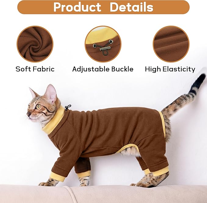 PUMYPOREITY Cat Recovery Suit, Stops Wound Licking After Surgery, Sticky Hair Shirt with Sticky Fabric, Cat Pajamas Prevents Over-Grooming, Brown, S
