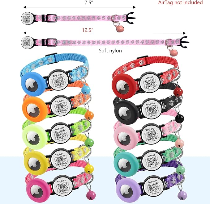 Airtag Cat Collar Breakaway with Bell & Reflective Design - Cute Paw Print Kitten Collar with Apple Airtag Holder & Safety Buckle - Perfect Pet Supplies, QR Code & Gifts for Girl & Boy Cats (Pink)