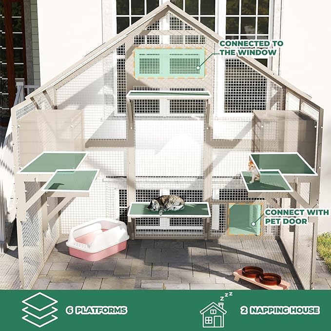 71" H Catio Outdoor Cat Enclosure Weatherproof, Large Walk-in Cat House Attached Window for Multiple Cats, Waterproof Cat Cage Kitty Enclosure Outside with 2 Condos, 6 Platforms