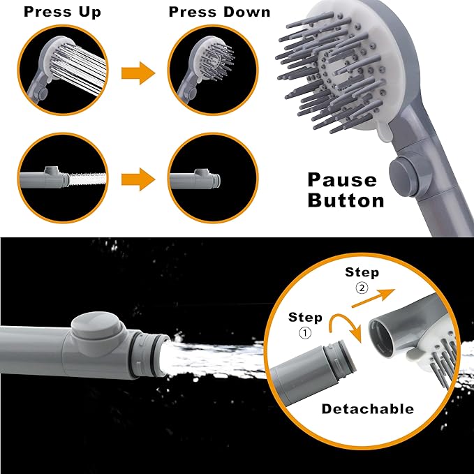 YOO.MEE Pets Bathing Shower, Dog Washing and Cleaning Out-Door, w/Rubber Grooming Teeth for Massaging and Grooming, w/Pause Button, Fitting on 3/4'' Garden Faucets