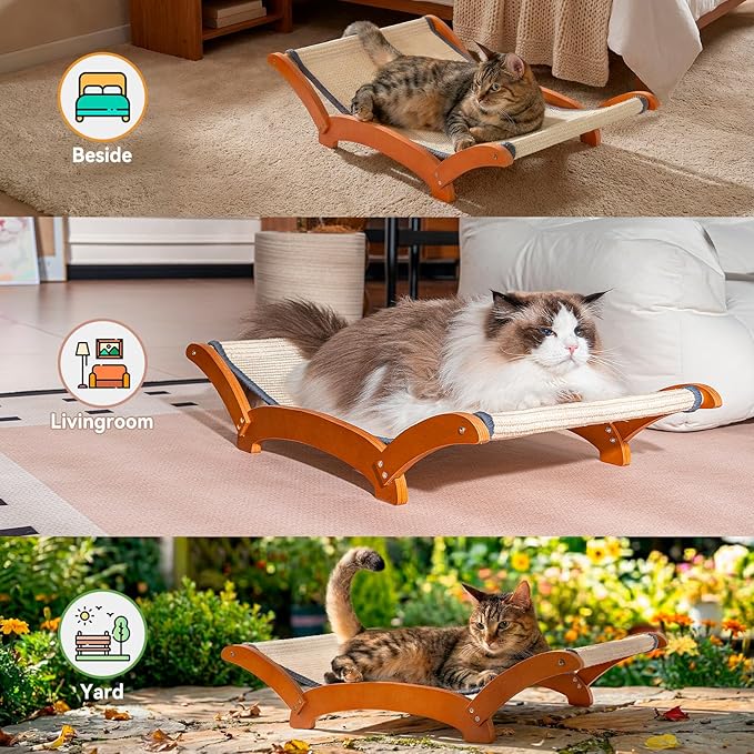 Sisal Cat Scratcher Bed for Indoor Large Cats Lounger & Sleep, Natural Durable Cat Scratching Hammock Pad Board, Solid Wooden Kitten Chair Furniture Easy Assembly