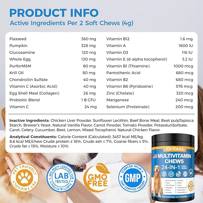 Dog Vitamins and Supplements 200 Chews 24-in-1 Multivitamin Chewable for Dogs with Glucosamine Probiotics Omega-3 Dog Chewable for Coat, Heart, HIPS & Joints, Digestion & Immune System