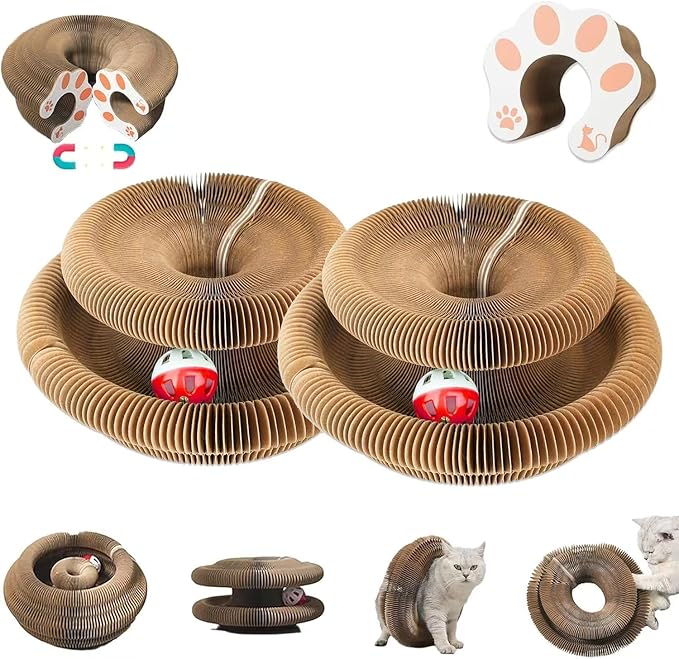 Kitty Curlz Cat Toy, Magic Organ Cat Interactive Scratcher Cardboard with Bell Ball, Foldable & Changeable Accordion Shape Exercise Anxiety Relief Toy for Indoor Cats(2PCS)