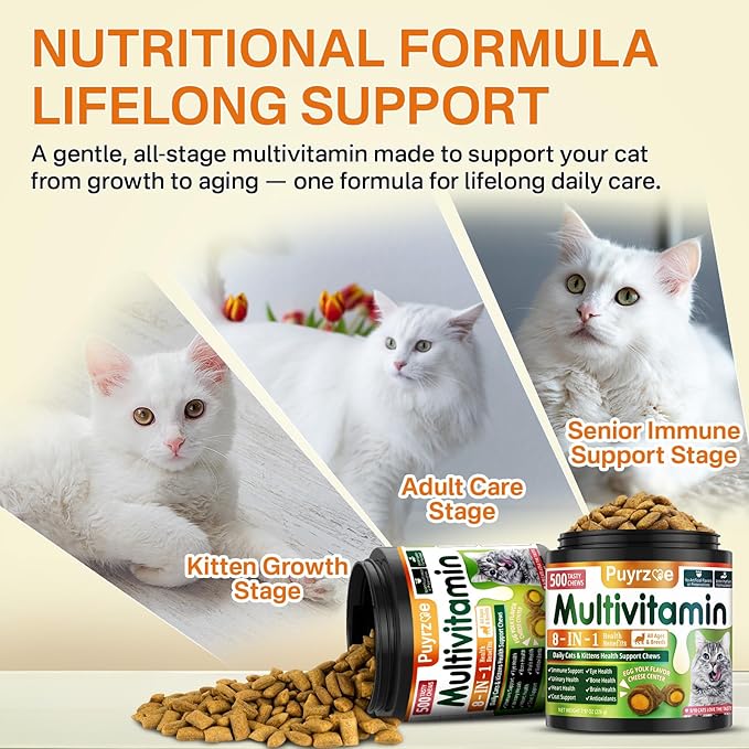 Cat Multivitamin - 500 Chews Crunchy & Creamy Cheese Core, Cat Vitamins + Taurine for 8-in-1 Support - Immune, Urinary, Heart, Skin & Coat, Eyes, Brain, Bone for Cats Kittens - Egg Yolk Flavor