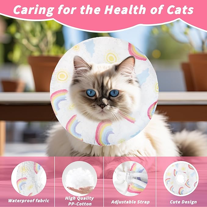 Soft Cat Cone Collar, Cute Cats Recovery Collar Suitable for Small, Medium, Large cat,Elizabethan Neck Collar for Cats After Surgery (Rainbow, Small)
