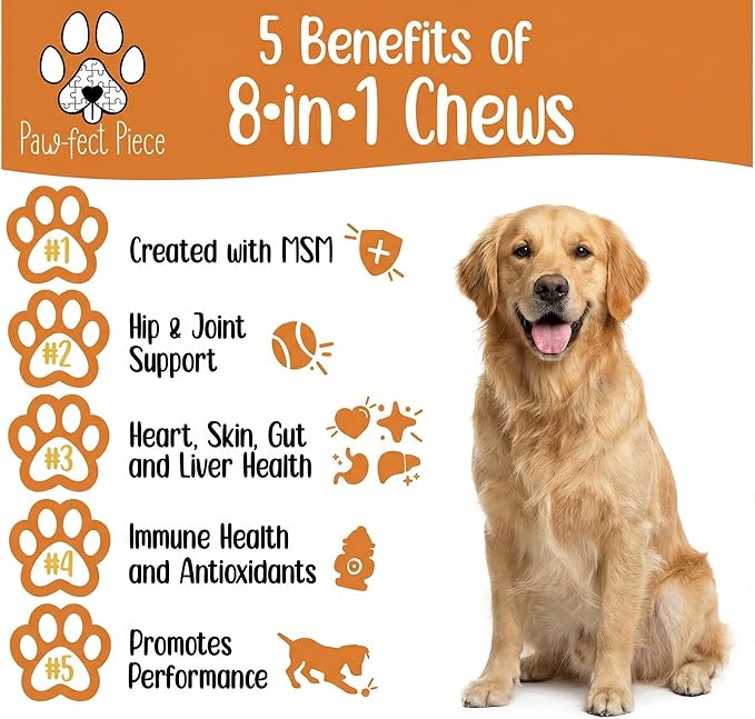 Paw-FECT Piece 8-in-1 Natural Dog Multivitamin Chews, Dog Supplement for Hips & Joints, Skin & Coats, Digestion, Immune Support, Omega 3, Anitoxidents, for All Ages and Breeds, Chicken-120 Count