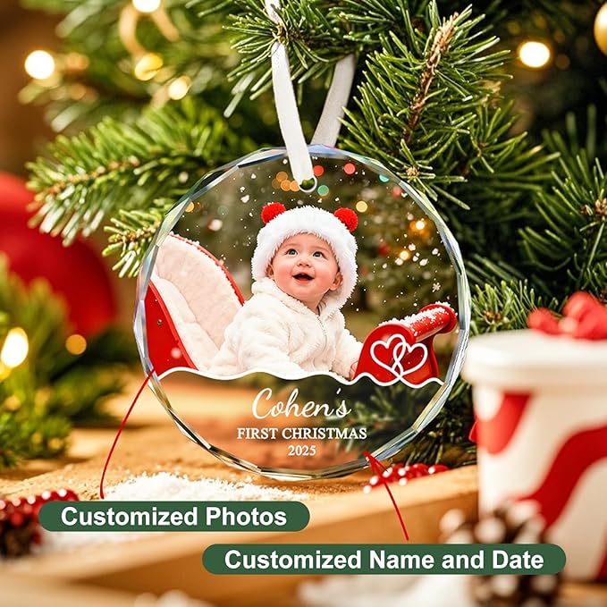 Baby's First Christmas Ornament 2026 - Custom Baby Photo Ornament for Christmas Tree, Newborn Boy Girl, New Mom Gifts - Personalized Christmas Ornaments with Name