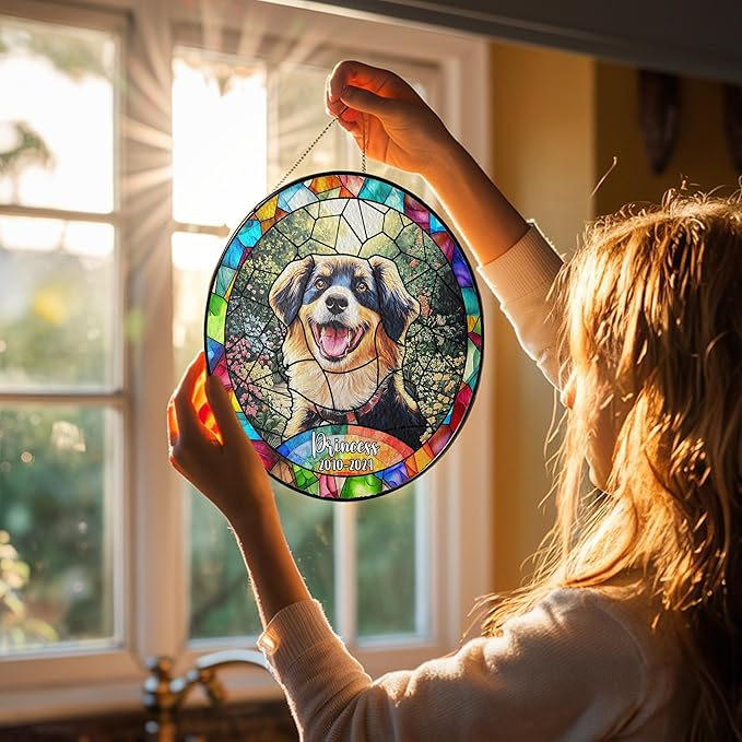 Custom Dog Portrait Art Suncatcher Stained Glass Remembrance Gift Pet Indoor Decor Window Hanging Dog Cat Bereavement Keepsake Loss of Pet