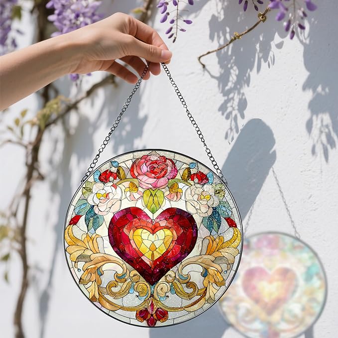 Stained Glass Window Hanging, 8 in Valentine Heart Sun Catcher, Stained Glass Suncatcher, Gift for Wife, Gift for Girlfriend, Mother's Day, Christmas, Birthday, Valentine's Day Gifts for Couple, Her