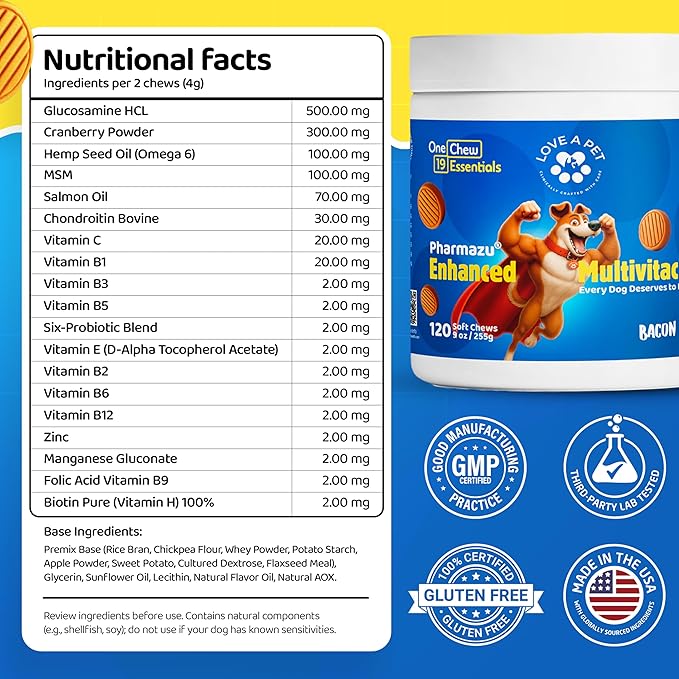 Enhanced Multivitachew – Dog Supplies Multivitamin Soft Chews with Glucosamine for Dogs – Supports Joints, Skin, Coat & Digestion – Dog Vitamins & Omega, Probiotics – 120 Bacon Chews
