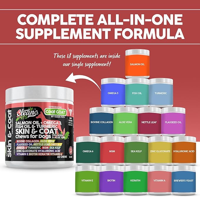 Clean Pets Salmon Oil Omega 3 Fish Oil for Dogs Skin and Coat Supplement | Dog Collagen Aloe Vera Biotin Keratin Flaxseed Nettle Leaf Sea Kelp Hyaluronic Acid Brewers Yeast Vitamin A - Coat Goat