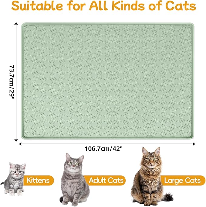 Lanstics Cat Food Mat, 42" x 29" Large Silicone Mat Cat Feeding Mat with Raised Edge Non-Slip Pet Feeding Mat for Food and Water Bowl, Easy to Clean, Floor Protection (Light Green)