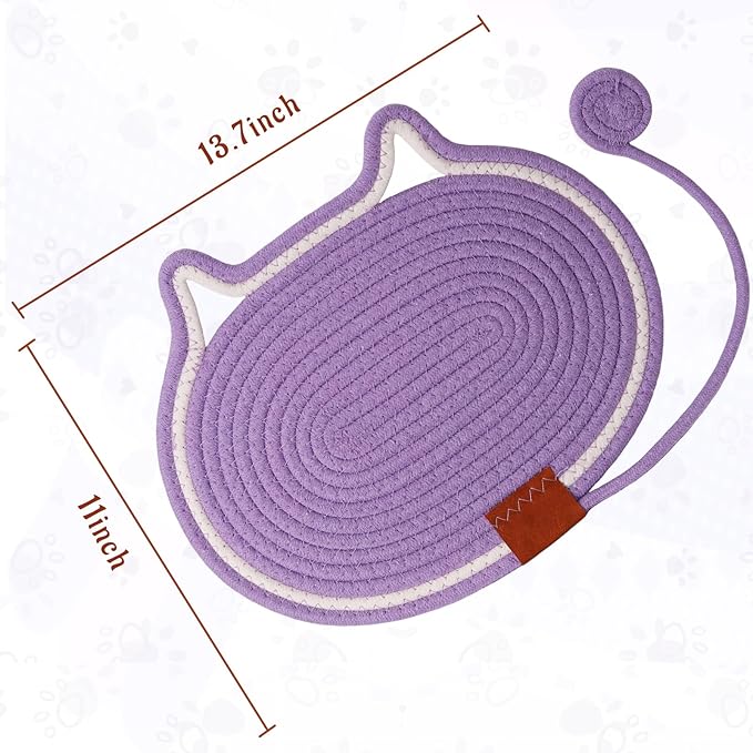 2 PC Cat Scratcher Mat - Natural Cotton Rope Oval Horizontal Scratch Pad (11''x13.7'') with Dangling Ball Toy, Cat Ear Design, Furniture Protector for Floor/Wall, Durable Handmade (Purple, 2 PC)
