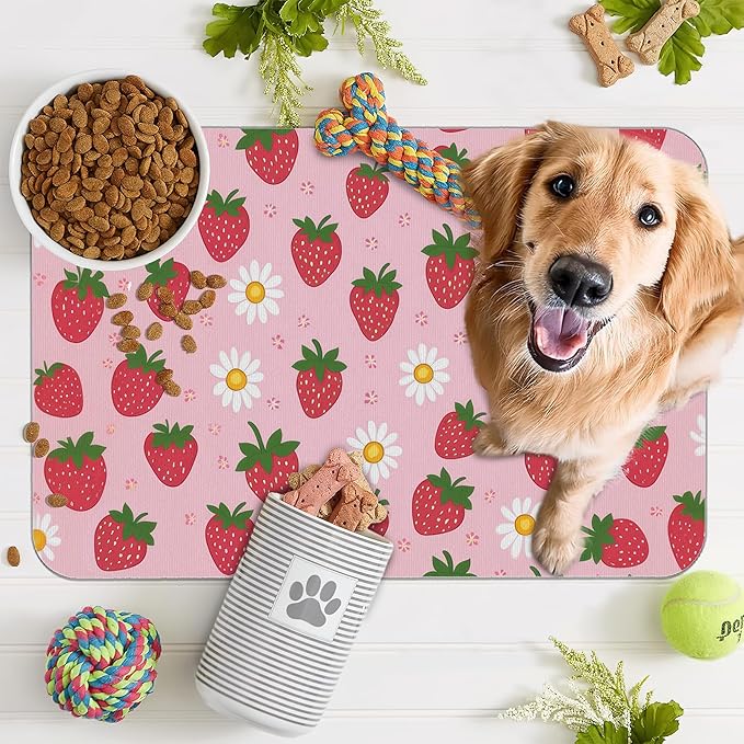 Cute Strawberry Flower Dog Cat Food Mat,Pink Absorbent Pet Feeding Mat with Rubber Backing,Non-Slip Water Bowl Placemat,Indoor Pet Accessories Supplies 16"x24"