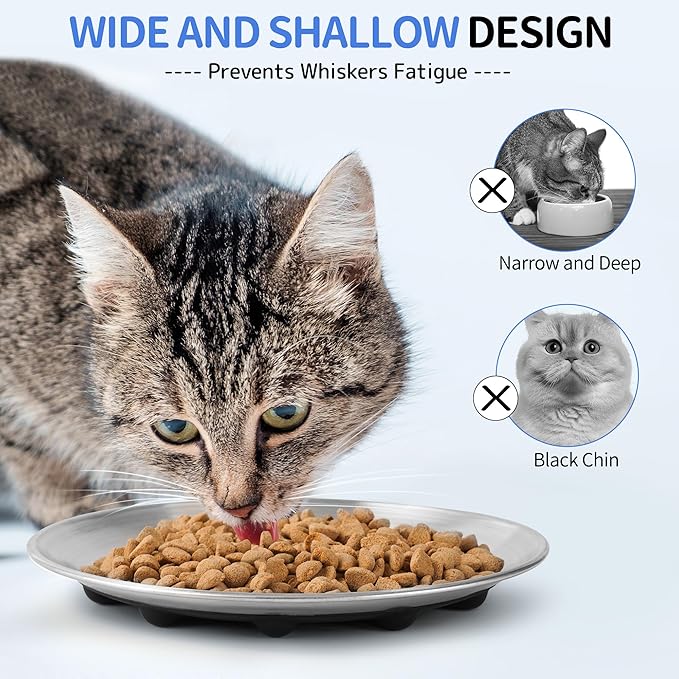 WROSWT 304 Stainless Steel Cat Plates for Wet food, 6.7" Shallow/Wide Whisker Friendly Cats Food Bowls, Non-Slip Silicone Base,Easy to Clean Indoor Cat Feeding Dishes, 6 Pack