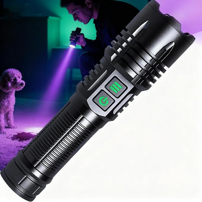 2-in-1 UV Flashlight 365nm & High Lumens LED, 5000mAh Rechargeable Tactical Torch, Zoomable Black Light for Pet Urine Detector, Rock Hunting, Resin Curing, Scorpions