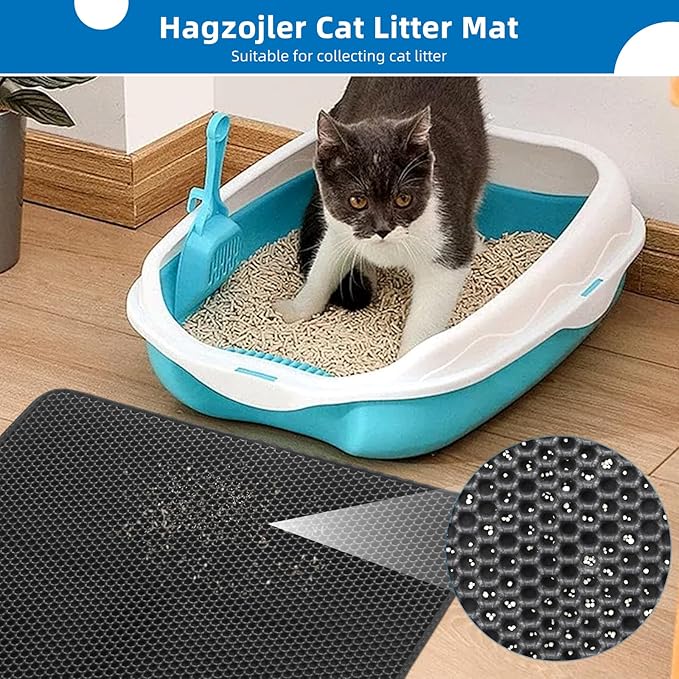 Cat Litter Mat for Indoor Cats Eva Double-Layer Litter Box Mat Washable for Easy Cleaning Cat Rug Collects Litter and Prevents Liquid Leakage (Black, 23.6×35.4inch)