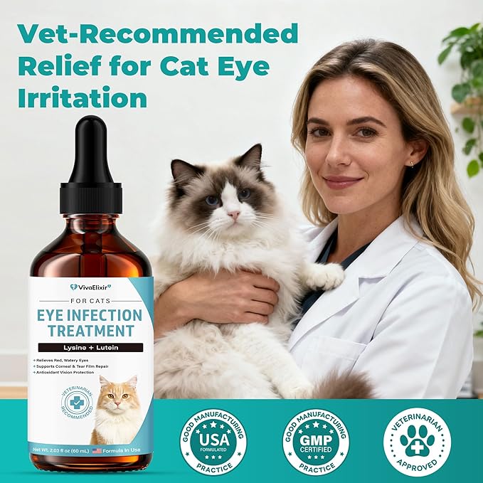 Cat Eye Infection & Vision Care Support | Cat Eye Conjunctivitis Support for Cats & Kittens | Soothes Red, Watery Eyes & Discharge | L-Lysine, Lactoferrin, Zinc, Lutein, Taurine | 2.03 fl.oz