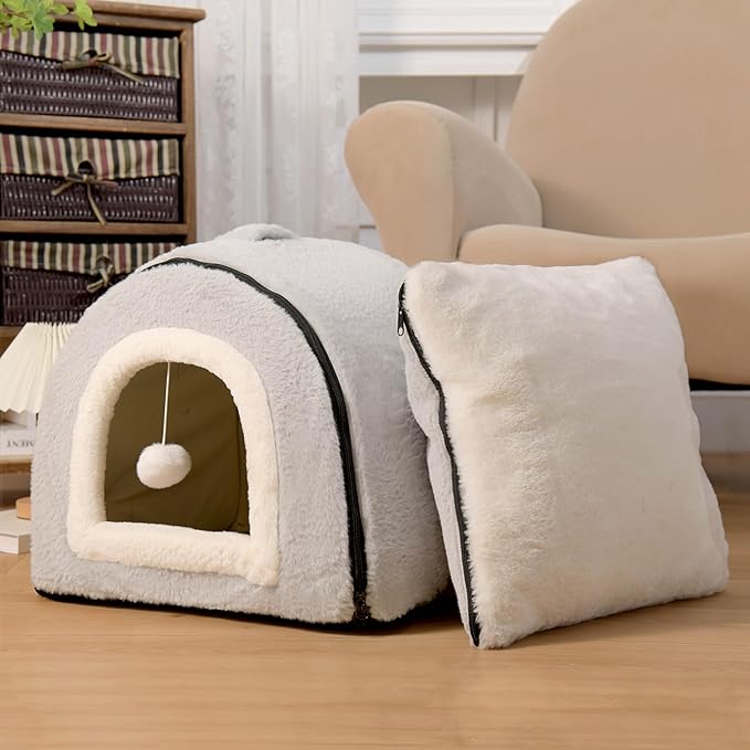 Cat Bed for Indoor Cats，Foldable cat cave，Anti-Slip & Water-Resistant Bottom，cat Houses for Indoor Cats or Small Dogs, Kitten Tent, Rabbit Bed，2 in 1 pet Bed (Grey)