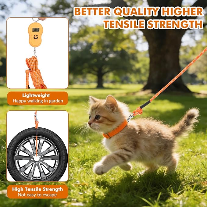 30FT Reflective Cat Leash,Escape Proof Long Training Lead for Cats Kittens & Small Pets,Durable Outdoor Walking Leash with Waste Bag Dispenser(Orange)