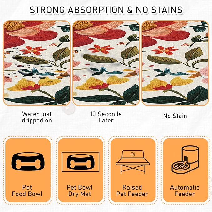 Pet Dog Cat Food Mat - Hamdwerk Absorbent Dog Bowl Mats for Food and Water, Anti Slip Cat Bowl Feeding Placemat for Floors, Quick Dry Diatomite Pet Dish Matts Supplies, Floral Style, 12 * 20in