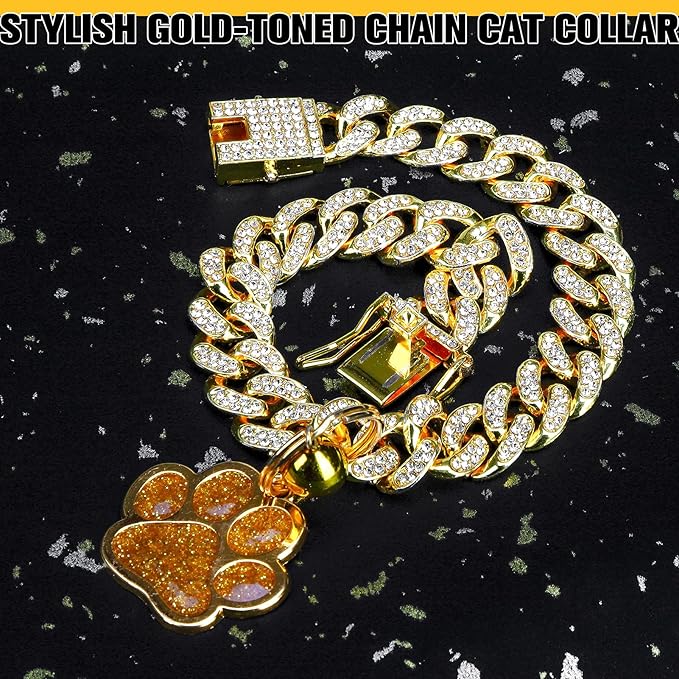 EXPAWLORER Cat Collar Chain,Diamond Gold Glitter Collar Walking Metal with Secure Buckle Link Cuban Pet Rhinestones Necklace Accessories with Paw Charm and Bell for Cats Dogs Kittens (10 Inch,Gold)
