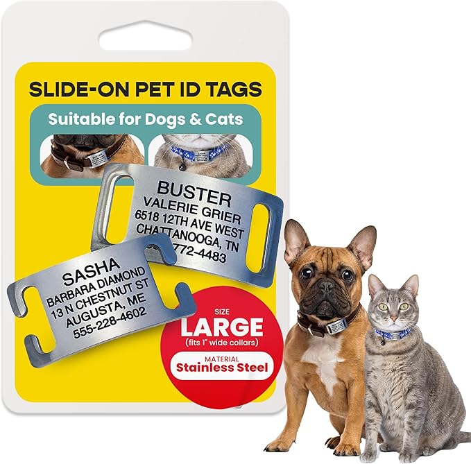LuckyPet Slide-On Pet ID Tags - Dog Tags Personalized - Durable Engraved Stainless Steel Pet Name Tags - Noiseless Dog Tag - Suitable for Dogs and Cats - Fits 1 inch Collars - Large, Open Ends
