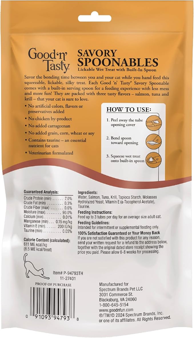 Good 'N' Tasty Savory Spoonables with Real Salmon, Tuna & Krill, 10 Count Tube, Triple Flavor Squeezable Lickable Wet Treats for Cats with Built-in Spoon for Less Mess (Pack of 3)