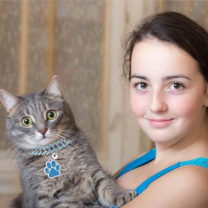 Hillban Cat Collar Diamond Chain Glitter Collar Walking Metal with Secure Buckle Cat Pet Necklace with Paw Charm and ID Tag Bell Link Cuban Jewelry Accessories Gift(8 Inch,Silver,Lake Blue)