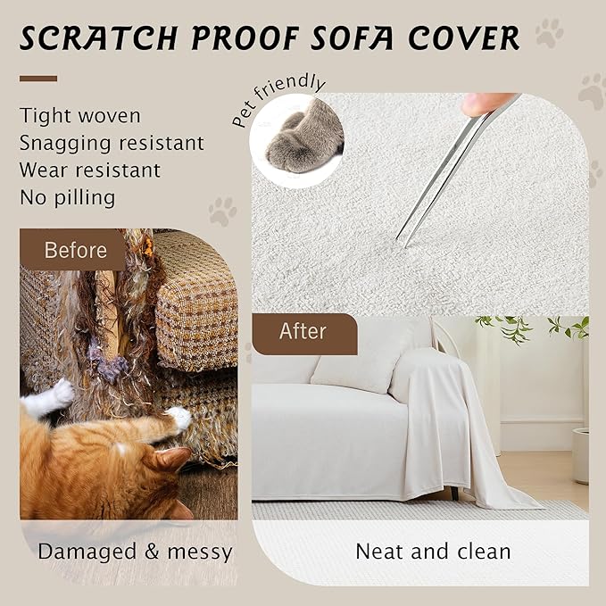 PuTian Couch Cover for Dogs - Waterproof Anti-Scratch Washable Non Slip 2 Cushion Cover Blanket L Shaped Recliner Sectional Arm Chair Sofa Slipcover for Pet Cats Kids, 71''X102'' Creamy White