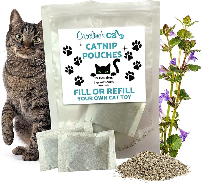 Caroline's Cats Organic Catnip Packets for Cat Toys – Refill Pouches for Flapping Bird, Flopping Fish, and More, 10 Tea Bags