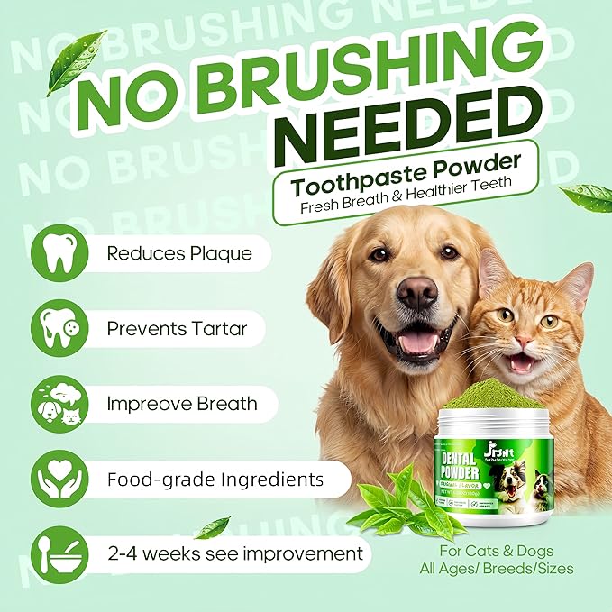 Dog Dental Powder, Dog Teeth Cleaning Powder, Natural Herbal Blend with 5 Probiotics and Lysozyme, Plaque Off Pet Tooth Cleaning, Bad Breath &Tartar Remover for Dogs & Cats, All Breeds-180g