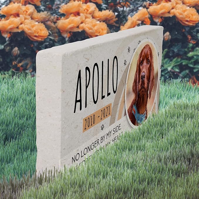 Personalized Pet Memorial with Keepsake Photo on Limestone - Headstones, Garden Stones, and Grave Markers for Dogs - Dog Memorial Stone, Pet Memorial Gifts - 12”x 6”x1.25" D (B. Apollo Design)