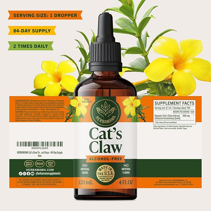 HERBAMAMA Cat's Claw Tincture - Vegan Immune Support with Cat's Claw Extract Supplement - Non-GMO, Alcohol & Sugar-Free Uncaria Tomentosa Extract Drops - 84-Day Supply