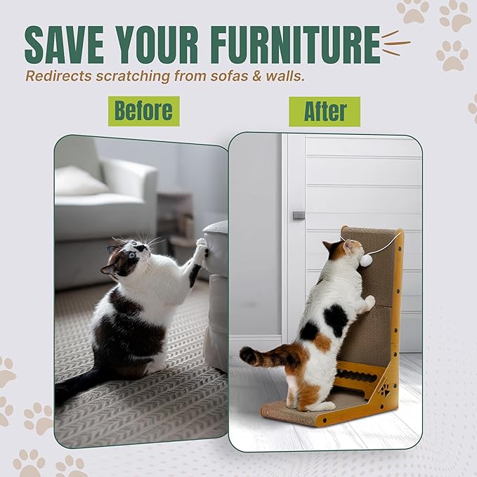 Cat Cuddles Cardboard Cat Scratcher for Indoor Cats, 2-Pack - 3-in-1 Vertical & Horizontal Cardboard Scratch Pad with Toy Ball - L-Shape Scratching Post for Furniture Protection