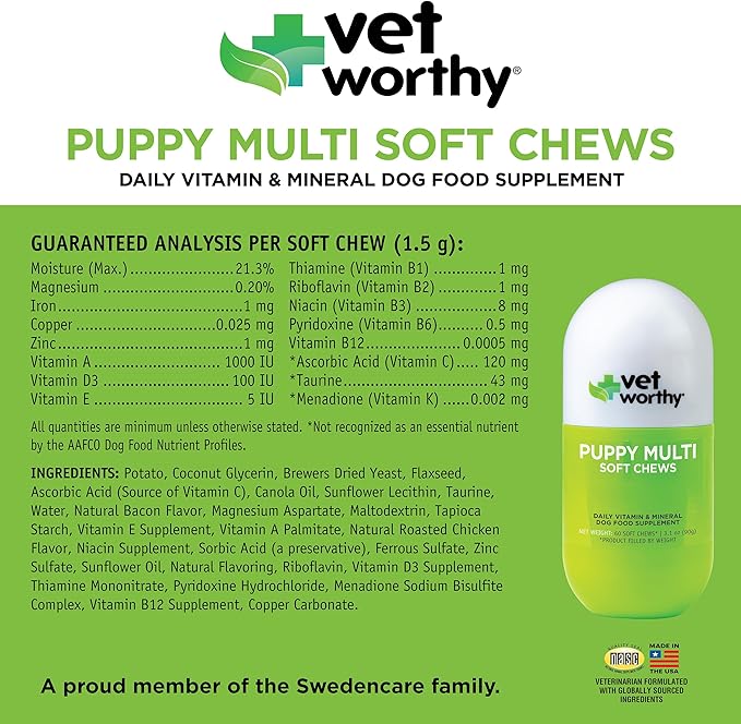 Vet Worthy Puppy Multi Soft Chews - Daily Multivitamin for Dogs - Supports Healthy Growth & Development - Chewable Puppy Multivitamin for Energy Boost and Immunity - Multi Vitamins for Dogs - 60 Count