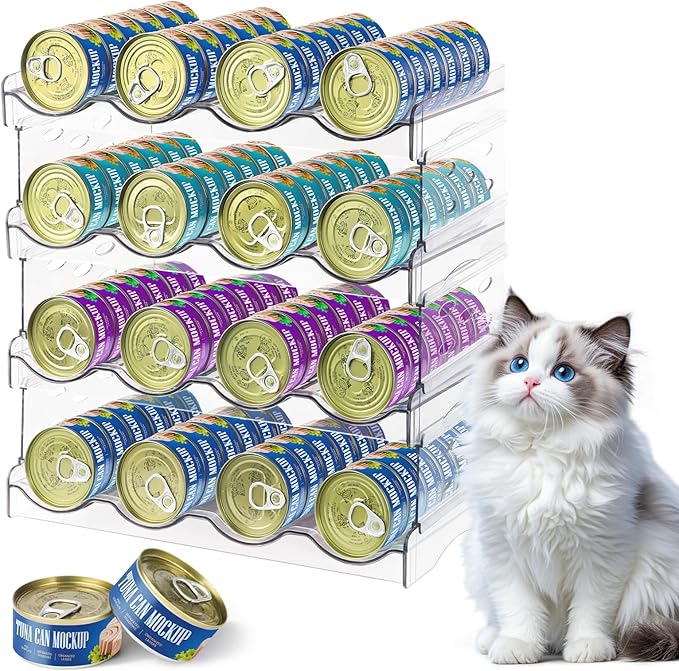 Cat Food Can Organizer, Can Organizer for Pantry, Transparent Cat Food Storage Container Holds 96 (3.5oz) Cans, Canned Food Organizer and Storage for Countertop Kitchen Cabinet (4 Tier-4 Layer)