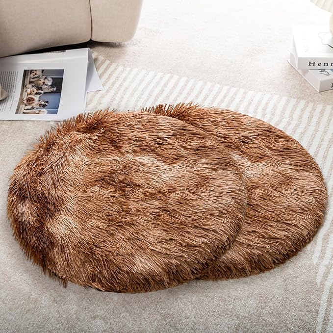 2PCS Round Plush Pet Mat Thin Style Pad Mat for Cats, Small Dogs, Rabbits, Guinea Pigs, Washable Soft Sofa mat, for Crate Cat Tree Tower Window Perch (Brown, Small (15.8inch) - 2pcs)