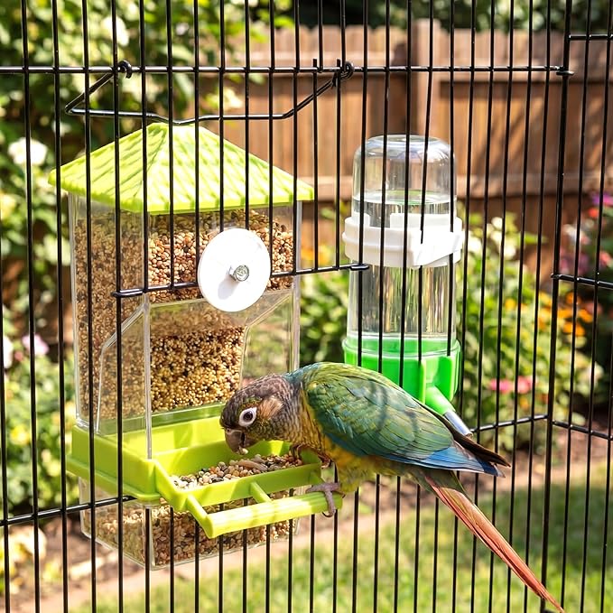 Novabright 7 Pcs No Mess Bird Feeder Water Dispenser Set Include Automatic Parakeet Feeder and Drinker with Bird Paw Grinding Stick Cage Accessories for Small Medium Cockatiel Lovebird(Cute,Green)