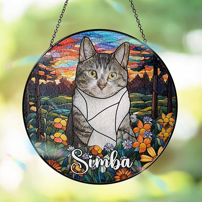 Custom Cat Portrait Art Suncatcher Stained Glass Remembrance Gift Dog Indoor Decor Window Hanging Dog Cat Bereavement Keepsake Loss of Pet Sympathy with Name Date Portrait Gifts