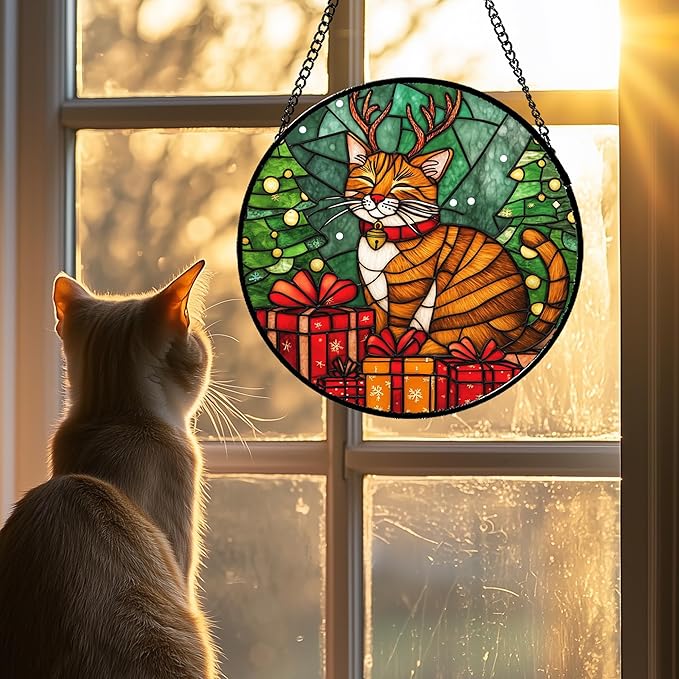 Stained Glass Window Hanging Orange Cat Elk Antler 7.8" - Suncatcher Door Garden Kitchen Sun Catcher Home Decor Birthday Gifts for Lost Pets Mom Men Woman Friend Grandma
