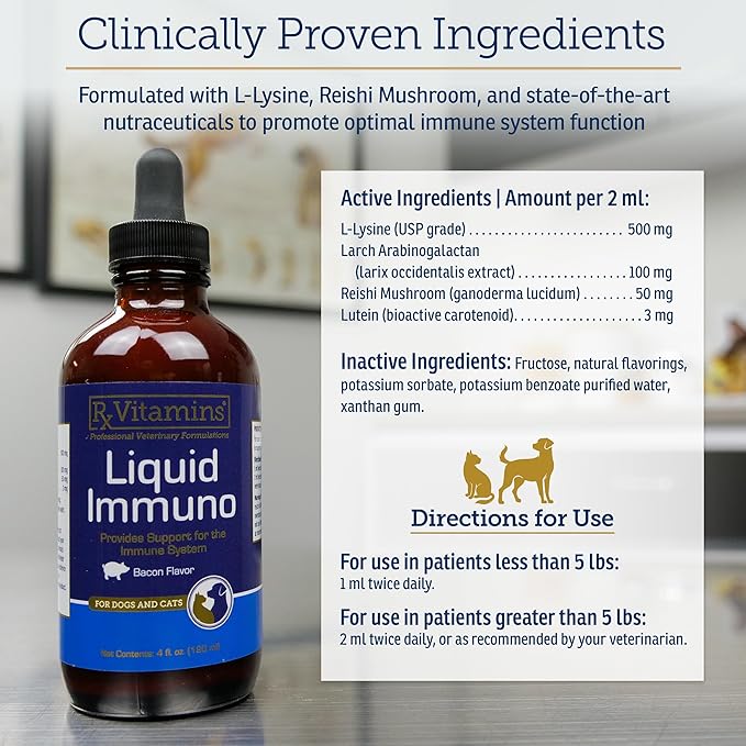 Rx Vitamins Liquid Immuno Dog & Cat Immune Support - Reishi Mushroom Supplement for Dogs & Cats Plus L-Lysine - Ideal Eye Supplements, Immunity Booster Supplements for Pets - 4 oz